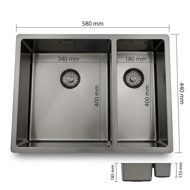 Pure.Sink Exclusivo Gun Metal 1,5 anderhalve spoelbak 34+18 cm 10mm radius PEX341840-61